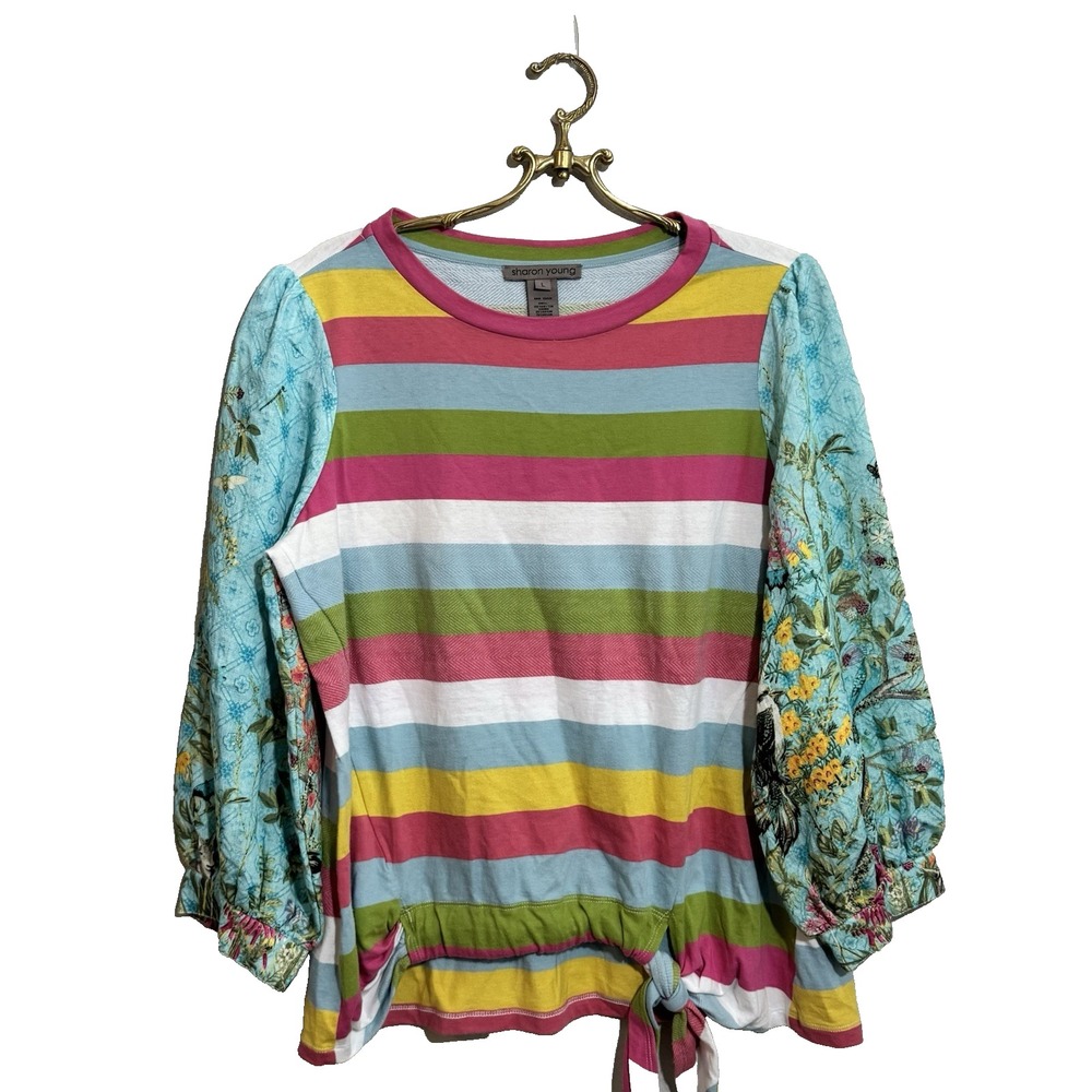 Sharon Young Top Semi Sheer Mixed Striped Dolman Long‎ Sleeve Blouse Womens L